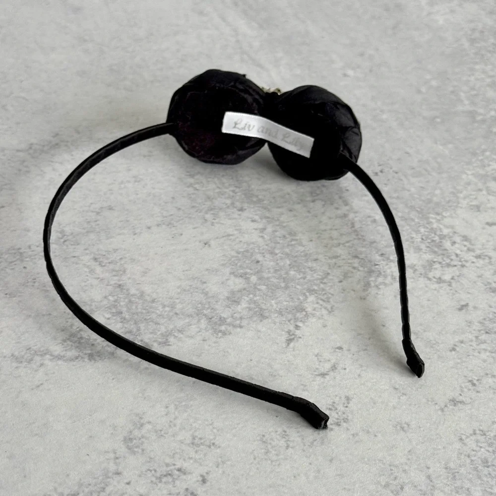 Vintage Silk Rose Headband Black Floral Rhinestone Holiday Hair Accessory